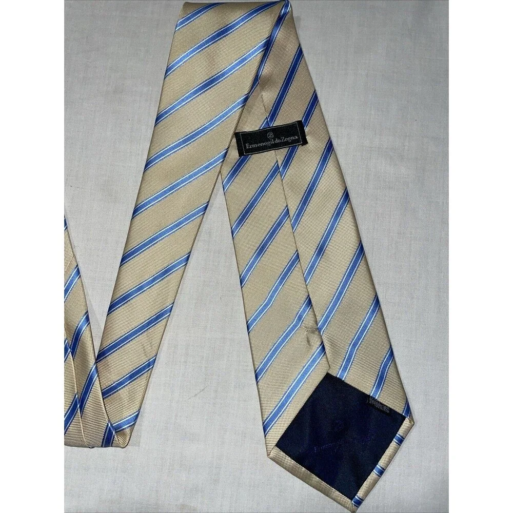 Ermenegildo Zegna Men’s Dress Tie Size 58” Ivory Blue Striped Business Formal
